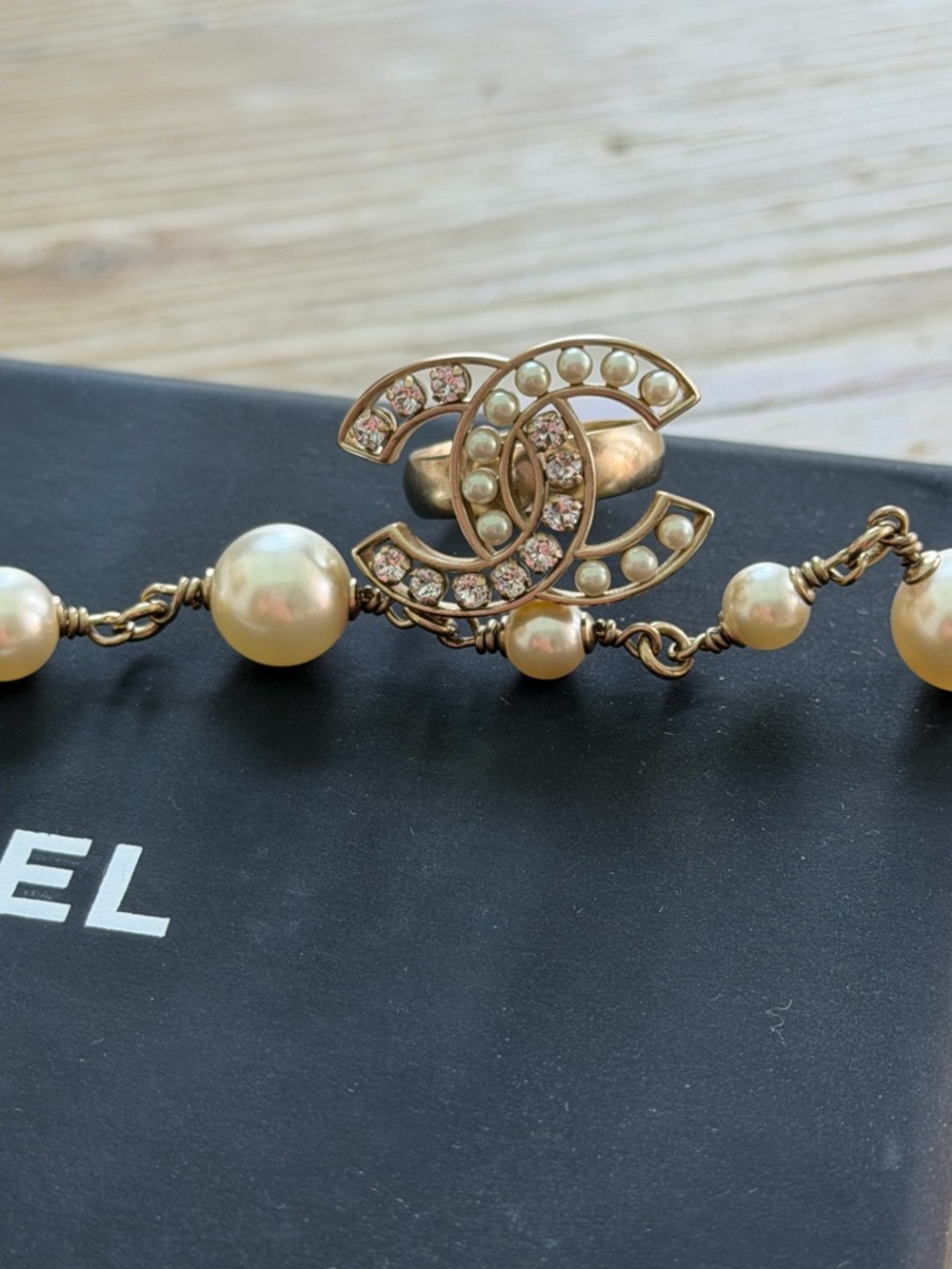 CHANEL Gold-Tone and Ivory Pearl CC Medallion Long Necklace w/ Matching Ring. - Picture 2 of 3